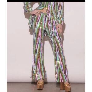 Meghan Fabulous LA Sequin Glitter Sparkle Party Flare Pants Lime Glitter Medium